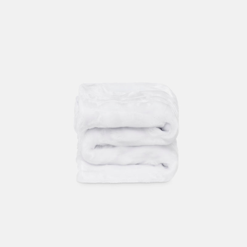 small folded minimink white faux fur blanket on cream background