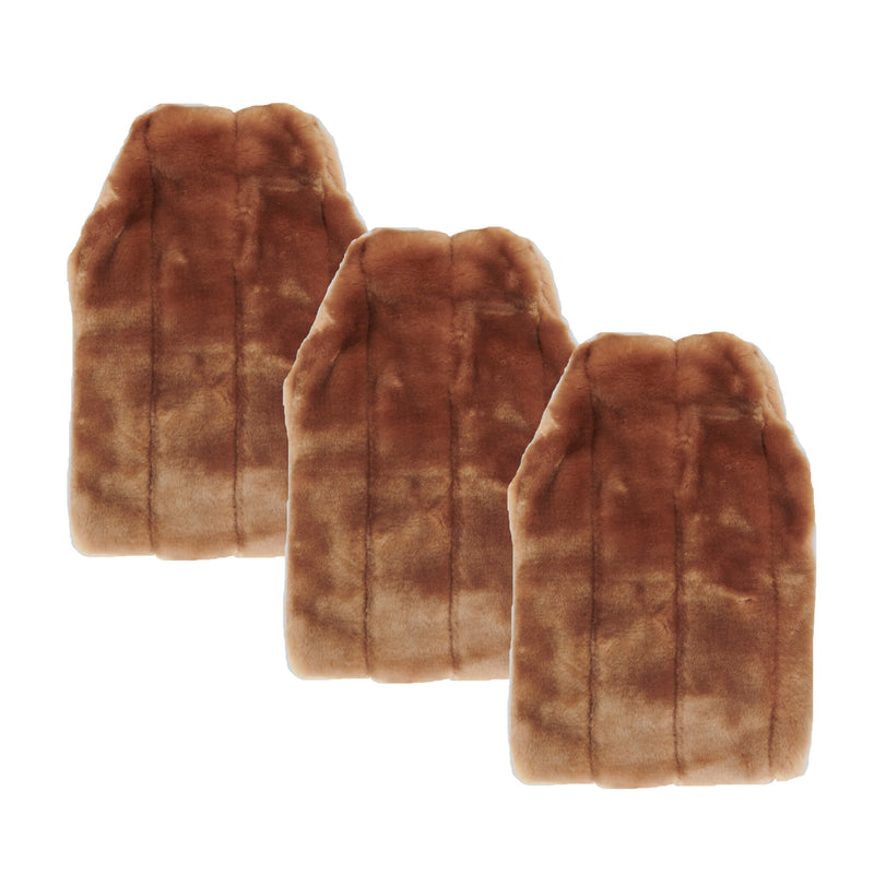 three faux fur hot water bottle covers in honey on cream background