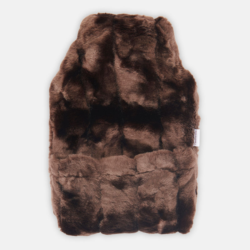 minimink faux fur hot water bottle cover in chocolate on cream background