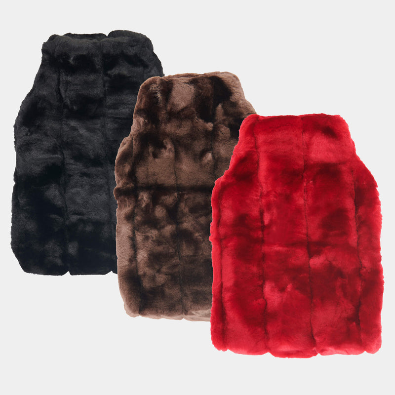 minimink faux fur hot water bottle covers in three colours ebony chocolate cherry red